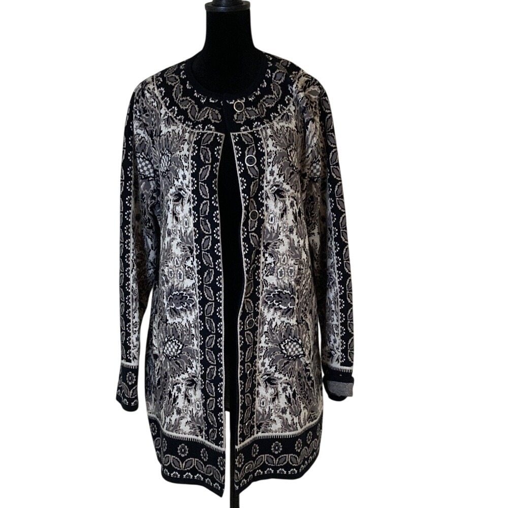 ISAAC Mizrahi Womens Black Grey Patterned Long Line Cardigan‎ Sweater Size Large